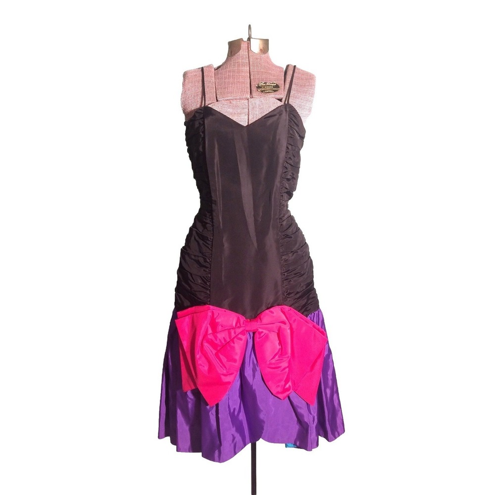 VTG 80s Prom Dress Party Pink Bow Purple Taffeta Black Ruched NWT 32-28-34 XS